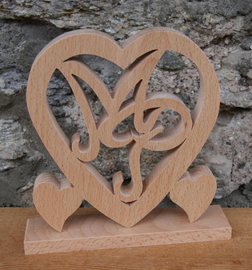 Coeur initiales personnalisées, noce de bois, 5 ans de mariage, anniversaire, décoration de table hêtre massif