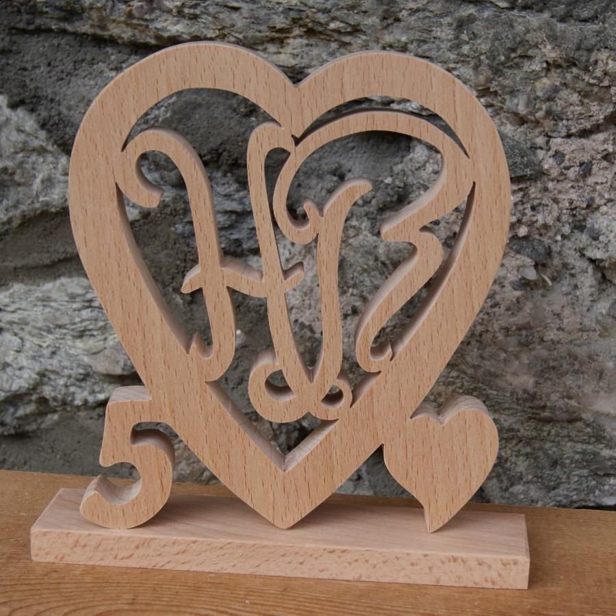 Coeur initiales personnalisées, noce de bois, 5 ans de mariage, anniversaire, décoration de table hêtre massif