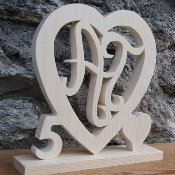 Coeur noce de bois, 5 ans de mariage, initiales personnalis&eacute;es, id&eacute;e cadeau noces de bois