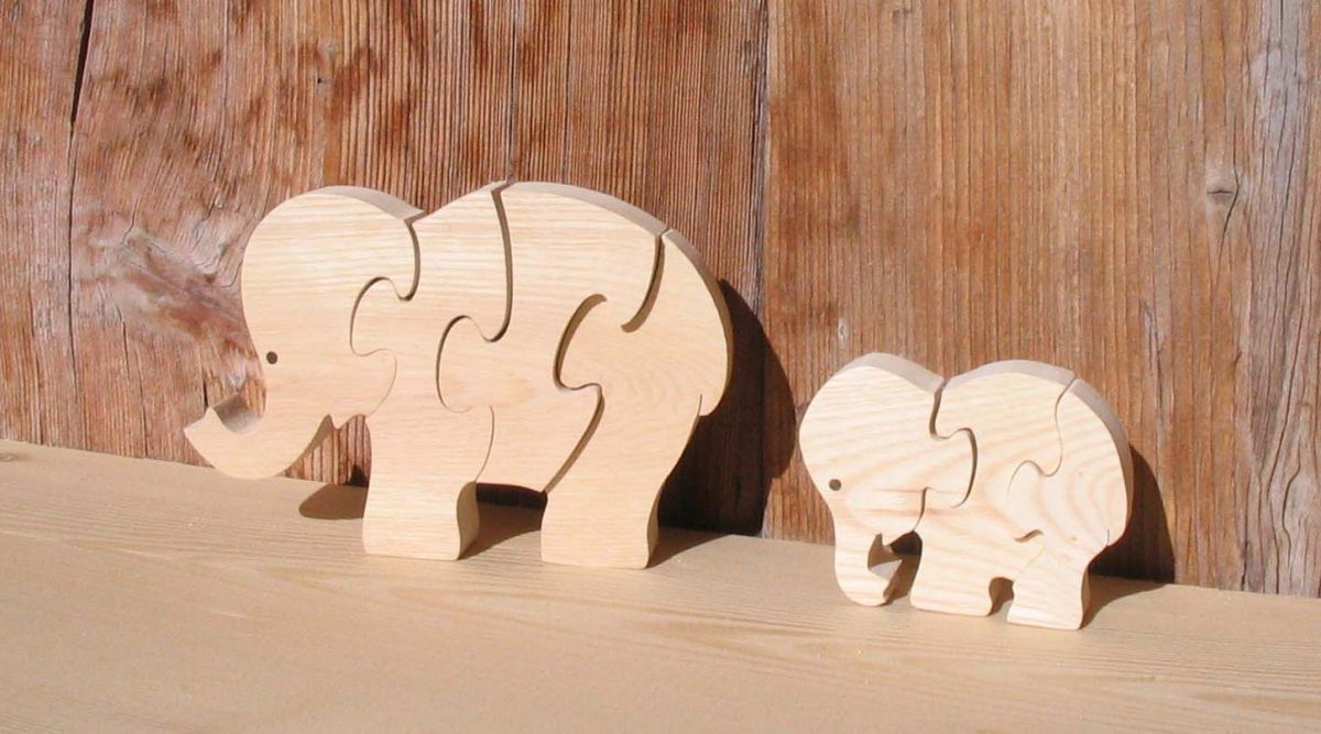 puzzle elefante 4 piezas madera de haya maciza, hecho a mano, animales de la sabana