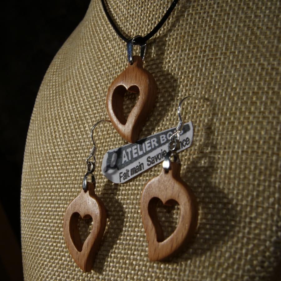 Conjunto de corazón de madera de haya, pendientes y colgante, idea de regalo de boda de madera, San Valentín, hecho a mano