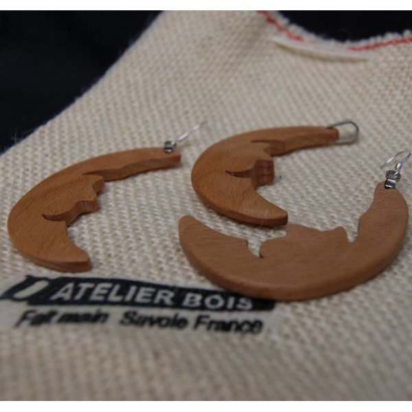 Juego de luna, pendientes y colgante de madera de haya, hechos a mano
