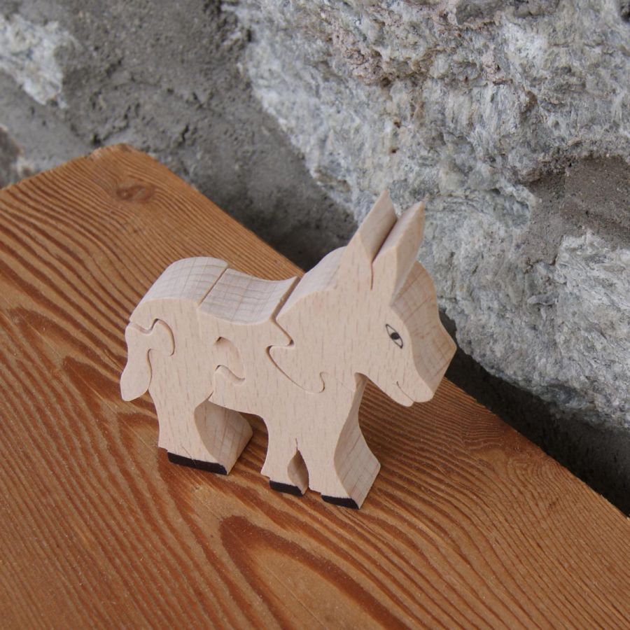 Puzzle de madera burro 4 piezas en Hetre macizo hecho a mano, animales de granja