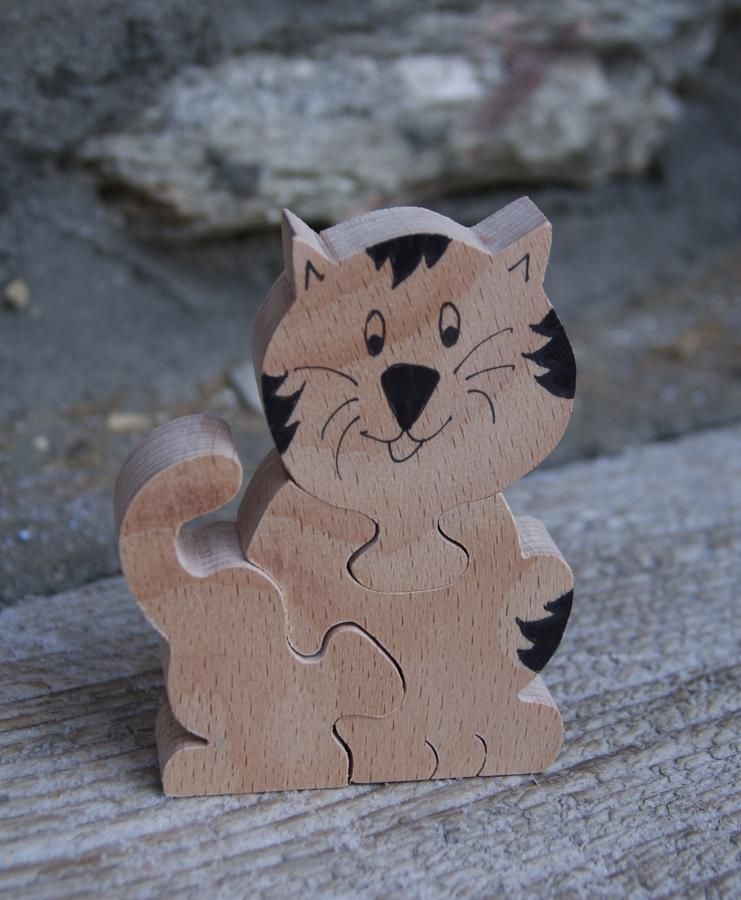 Puzzle de madera 3 piezas gato, Hetre gatito, hecho a mano